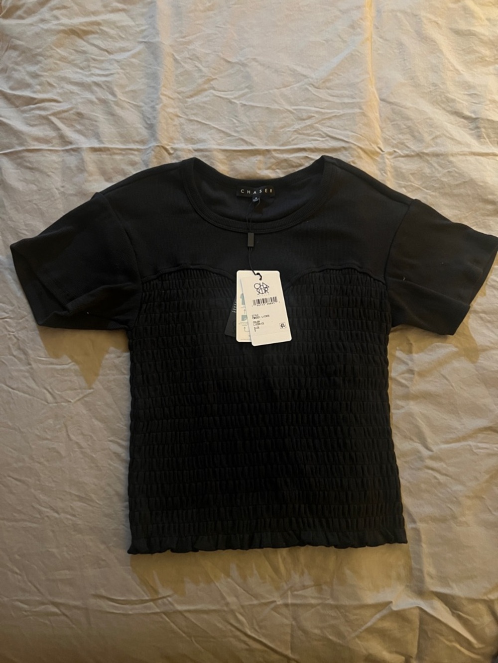 Chaser Black Smocked Crewneck Short Sleeve Top